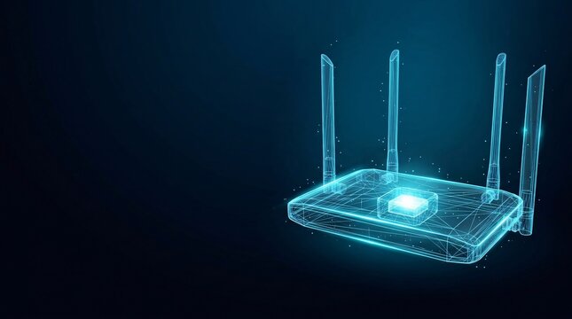 Wireless network router digital data projection showing internet connectivity and signal distribution in a dark virtual space with internet technology wireless