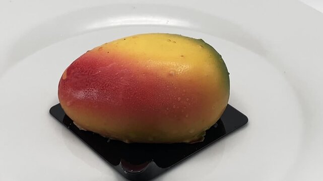 Realistic mango shaped dessert trompe l'oeil pastry on rotating display isolated on white background.