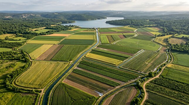 Aerial view of vibrant agricultural fields with diverse crops, irrigated by a canal, leading towards a serene lake surrounded by lush green forests under a bright sky.