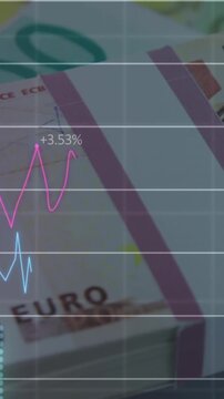 Animation of financial data processing over euro banknotes