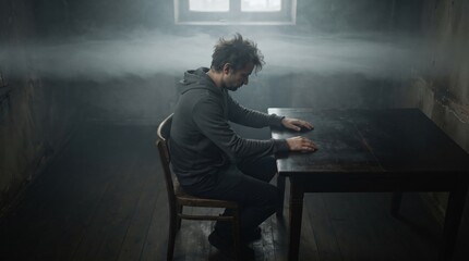 Fototapeta premium A man sits alone at a wooden table in a shadowy, fog-filled room. Empty walls echo his thoughts as he immerses in deep reflection, creating a hauntingly serene atmosphere.
