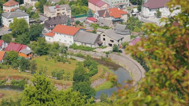 Aerial Panorama of Khust Town with Carpathian Mountains, Ukraine