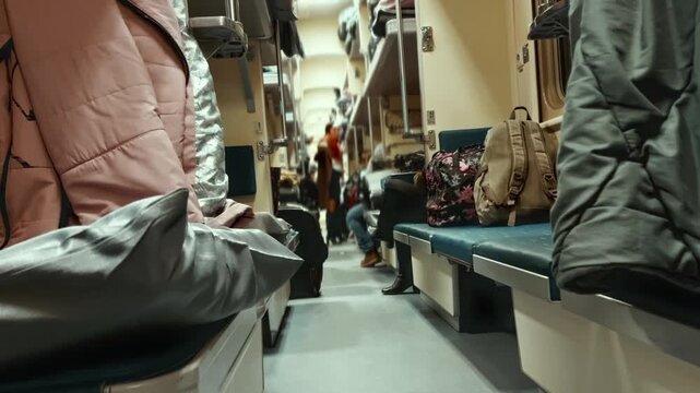 Interior view of open-plan Russian platzkart train carriage at night with passengers traveling. Economy class. Luggage stored overhead, and coats hanging on hooks, busy travel atmosphere