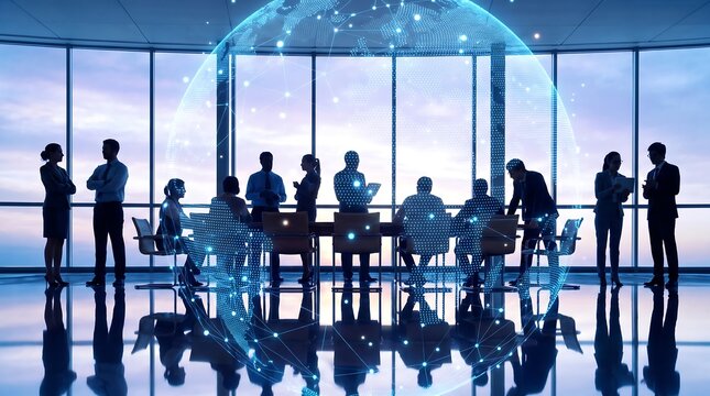 Corporate team silhouetted against window in conference room with digital global network overlay representing international business communication and strategic worldwide project management