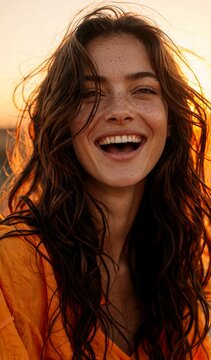 Joyful Young Woman Laughing Outdoors Sunset Golden Hour Portrait