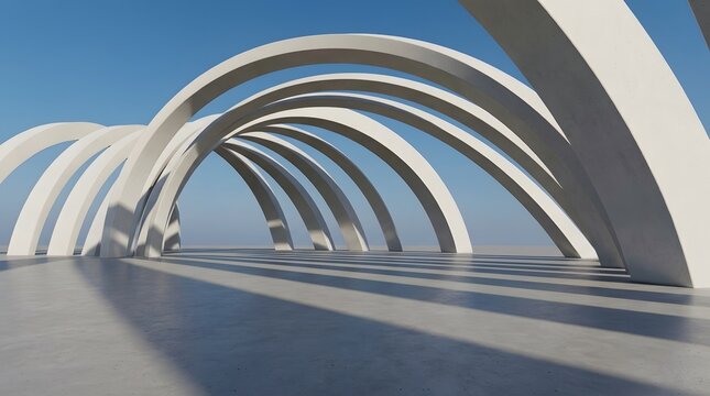 Abstract architecture with multiple white concrete arches against a blue sky.
