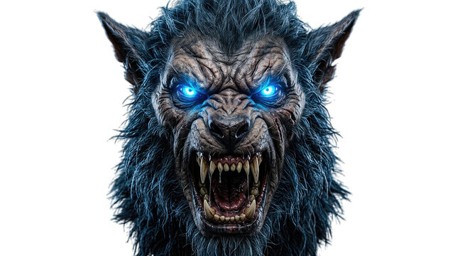 Fierce werewolf head with glowing blue eyes for halloween horror design isolated on transparent background