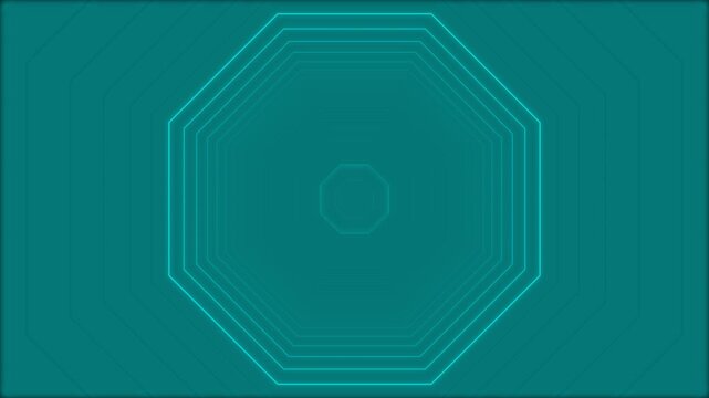 Cyan octagon neon tunnel pulsing against dark teal background in modern motion graphics.