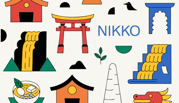 Playful vector collage of Nikko city landmarks featuring shrines waterfalls and ramen bowl.