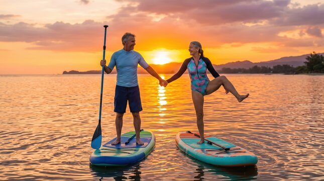 Mature couple paddle boarding at sunset holding hands on calm sea, recreational balance and connection during golden hour on tranquil coastal water