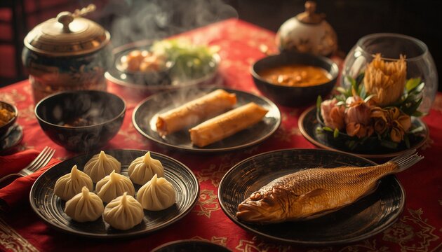 Traditional Chinese New Year festive food background lunar new year delicious dishes set on red table asian holiday celebration cultural culinary art.
