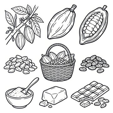 Cocoa beans and chocolate making process illustration