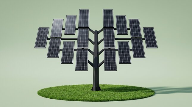 Solar panels arranged like branches on a tree structure stand on a round patch of grass against a soft green background.