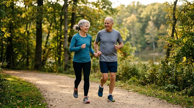 Retirement, couple and running fitness health for body and heart wellness with natural ageing. Married, mature and senior people enjoy nature run together for cardiovascular vitality workout.