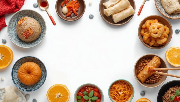 Festive Chinese cuisine frame featuring dim sum, noodles, and fresh oranges.