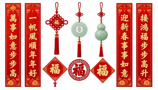 Lunar New Year couplets mega pack with multiple red banners, traditional jade tassels, and round blessing Fu seal stamp isolated on white background. Festive design.