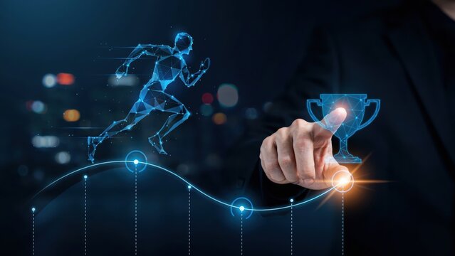 Businessman pointing at digital trophy with glowing runner on a line graph, representing success and achievement in a blurred city night background.