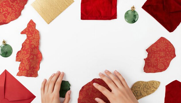 Hands making Chinese New Year paper craft on white background, DIY Lunar New Year red frame decoration.