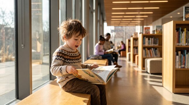 A curious young child reading a book inside a bright modern library illuminated by natural sunlight. Surrounded by softly blurred bookshelves, the scene represents education, literacy, imagination, li