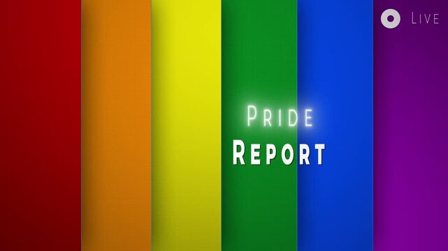 Pride Report Broadcast Graphic with Glowing Text and Rainbow Striped Background