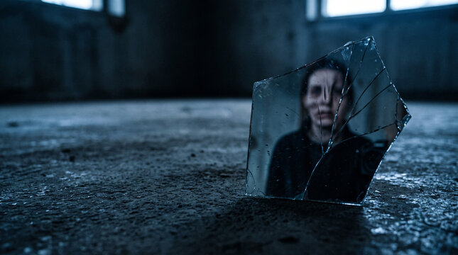 Reflection of a Sad Woman in a Broken Mirror Shard