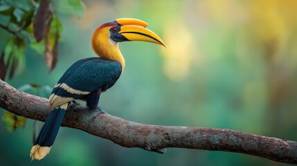 Obraz premium Colorful Hornbill Bird Perched on Branch in Tropical Rainforest