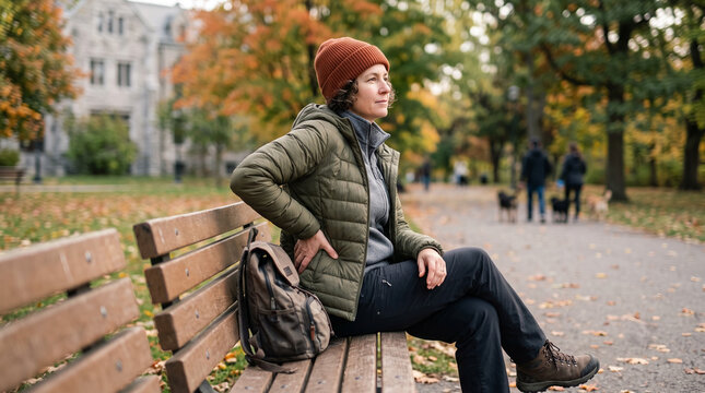 Woman sitting on an autumn park bench holding her back in pain