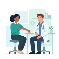 Fototapeta premium Doctor Consults Patient Showing Skin Condition in Medical Office