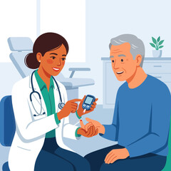 Fototapeta premium Doctor Checks Senior Man's Blood Sugar Level for Diabetes Management - Vector Illustration