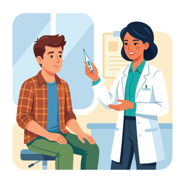 Doctor checks patient's temperature with digital thermometer in clinic, healthcare consultation, modern flat illustration