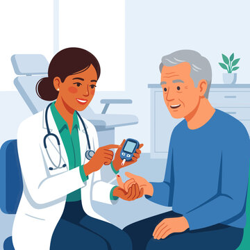 Doctor Checks Senior Man's Blood Sugar Level for Diabetes Management - Vector Illustration