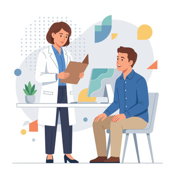 Doctor consulting male patient in a modern clinic office with abstract geometric background