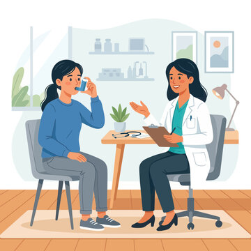 Doctor Consulting Patient About Asthma Inhaler Use in Medical Office