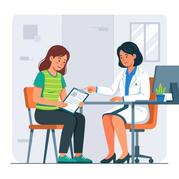 Doctor consulting patient about medical results in clinic office, flat illustration style