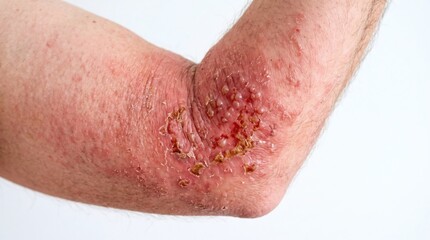 Fototapeta premium Close-up of an elbow with severe eczema and skin inflammation.