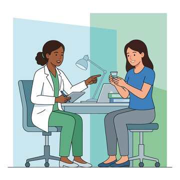 Doctor consulting patient, discussing health and treatment in a modern clinic setting, vector illustration