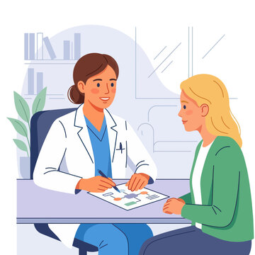 Doctor consulting patient, discussing health chart, medical advice, and healthcare consultation in modern clinic setting.