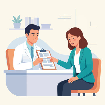 Doctor consulting patient, discussing medical report or results, illustration of healthcare and consultation