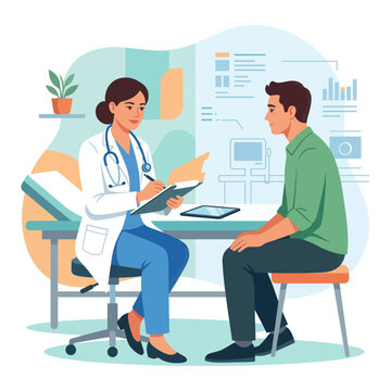 Doctor consulting patient in a modern medical office, flat design illustration.
