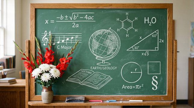 Educational concept with a chalkboard featuring various academic subjects like math, science, history, music, and geography with a bouquet of flowers