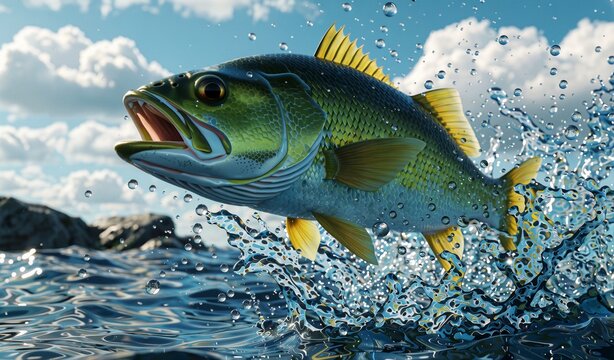 Vibrant Game Fish Leaping Out of Splashing Water Action Shot