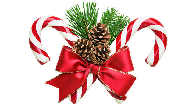 Christmas candy canes with pine cones and red bow