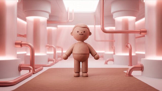 ローズゴールドのパイプとシリンダーが並ぶ美容液調合ラボで、リラックスして微笑むクレイ人形の3D画像