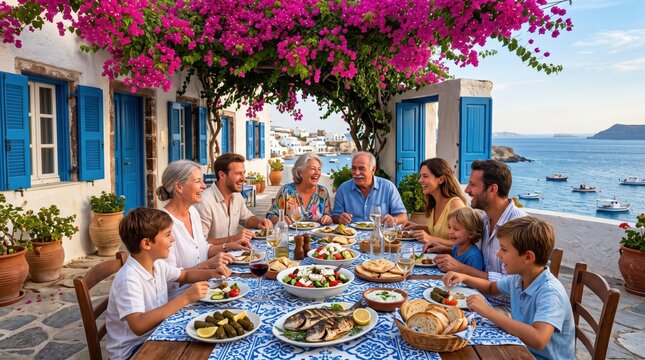 Multigenerational family sharing seaside meal on tiled terrace beneath bougainvillea, laughing around table of Mediterranean dishes with boats and ocean beyond.
