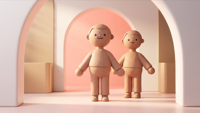 シャンパンゴールドと白いアーチが美しい高級スキンケアサロンで、リラックスして微笑むクレイ人形の3D画像