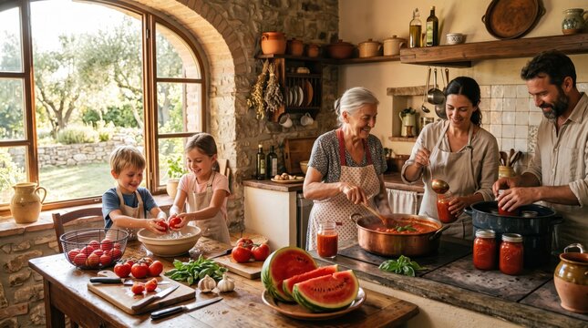 Three-generation family cooking in rustic country kitchen with fresh tomatoes and jars of sauce, preparing meal and preserving produce at sunlit wooden workbench.