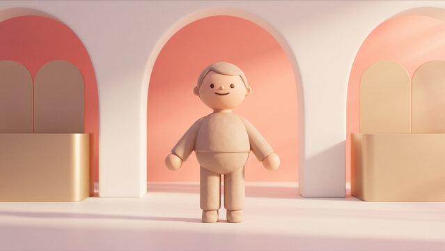 シャンパンゴールドと白いアーチが美しい高級スキンケアサロンで、リラックスして微笑むクレイ人形の3D画像
