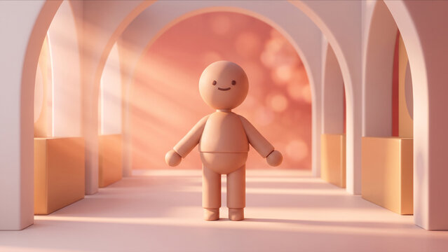 シャンパンゴールドと白いアーチが美しい高級スキンケアサロンで、リラックスして微笑むクレイ人形の3D画像