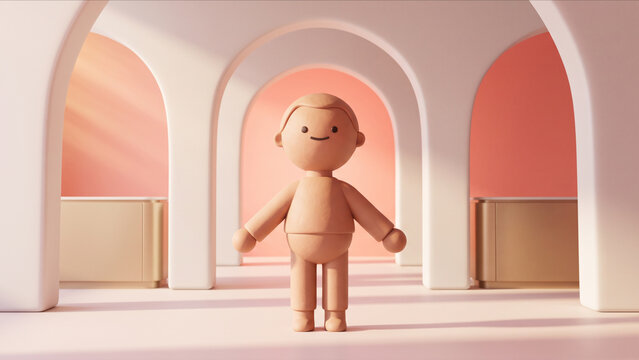 シャンパンゴールドと白いアーチが美しい高級スキンケアサロンで、リラックスして微笑むクレイ人形の3D画像