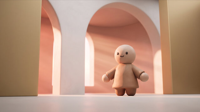 シャンパンゴールドと白いアーチが美しい高級スキンケアサロンで、リラックスして微笑むクレイ人形の3D画像
